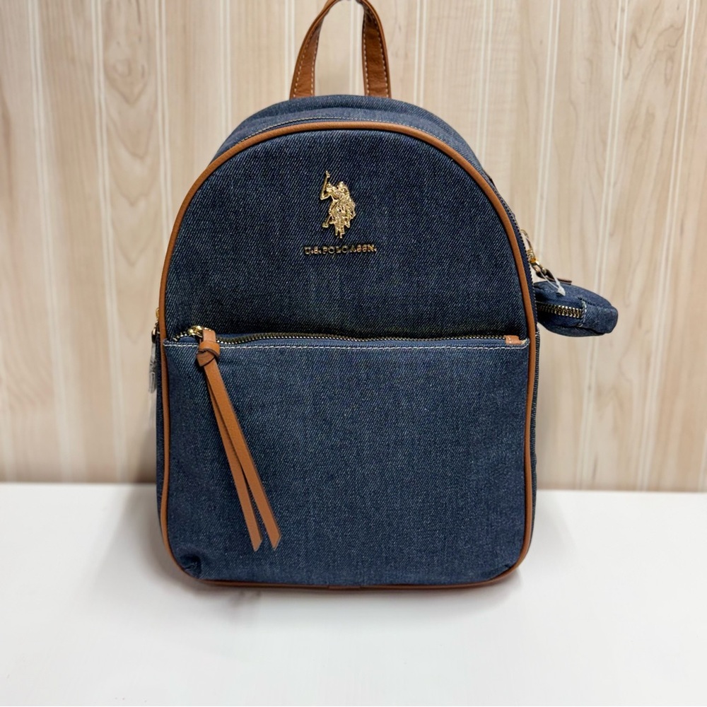U.S. Polo Assn. Navy Denim Backpack with Brown Trim - Picture 1 of 3